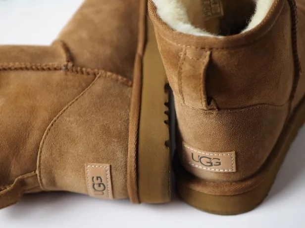 Derby, England - 19 September 2022: a pair of winter Ugg boots showing logo on white background 