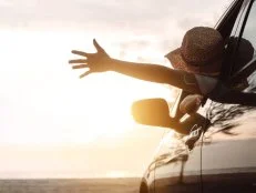 Hatchback Car travel driving road trip of woman summer vacation in car at sunset,Girls happy traveling enjoy holidays and relaxation with friends together get the atmosphere and go to destination