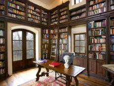 Library with Wood Brown Bookshelves 