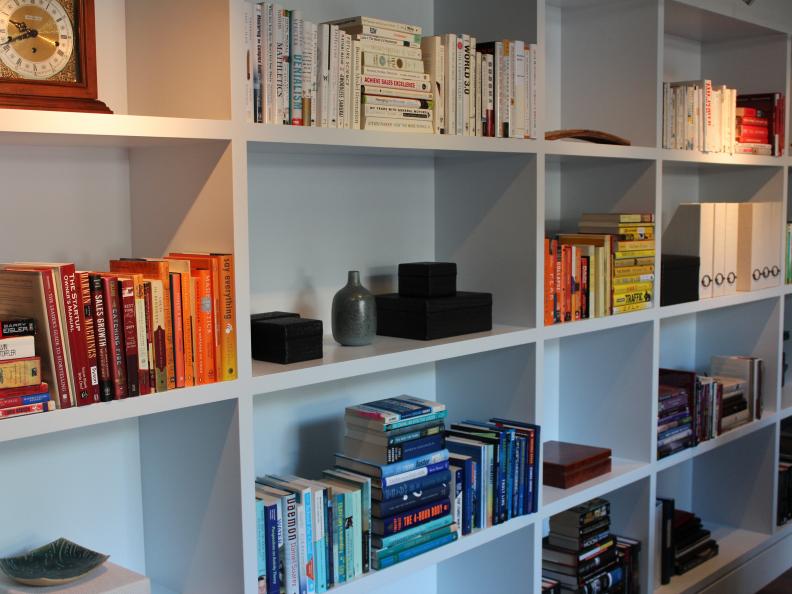 Books Color Coordinated in White Bookshelf 