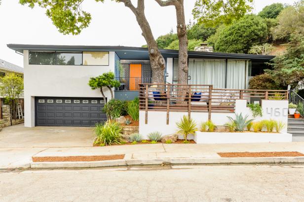 Midcentury Modern Home Exterior With Orange & Blue Front Door Accents
