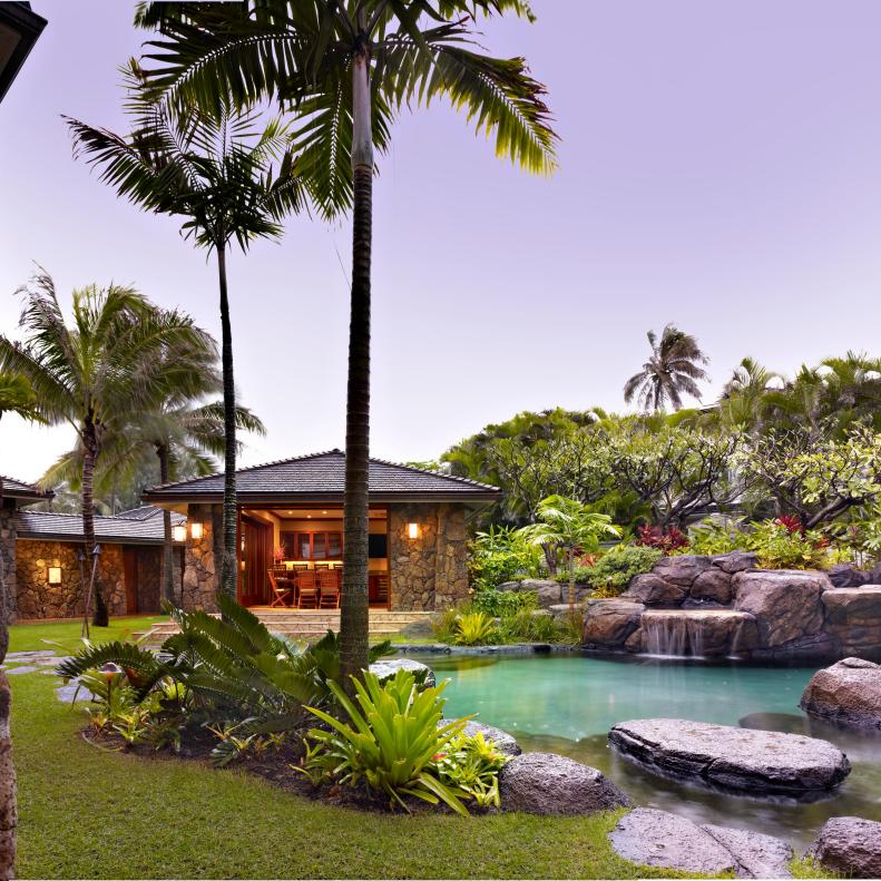 Tropical Pool With Water Feature, Palm Trees & Tropical Plants