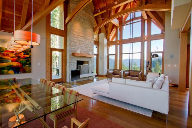 Neutral Living Room With Oak Floors And Vaulted Exposed Beam Ceiling