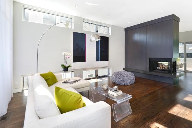 Modern White Living Room With Central Fireplace
