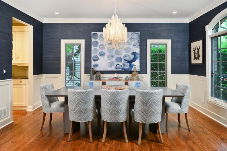 Dining Room with Blue Grasscloth and Wainscoting