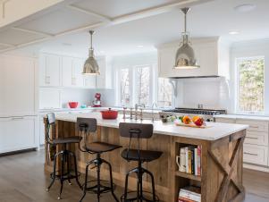 White Kitchen With Reclaimed Barn Wood Island