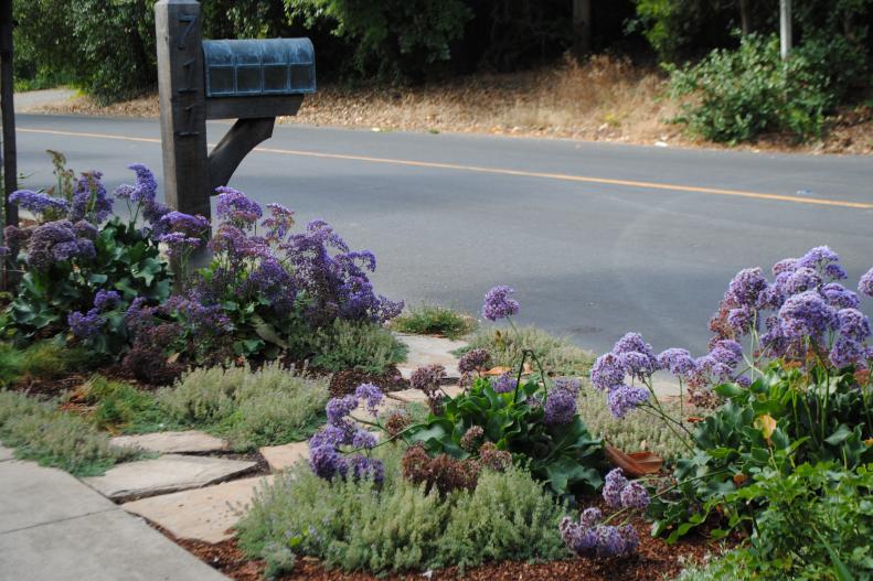 The mailbox area is usually the most neglected part of the yard but it could be your opportunity to create some landscaping magic. Consider this bright, welcoming array of purple flowering plants, light green ground covers and flat stonework.