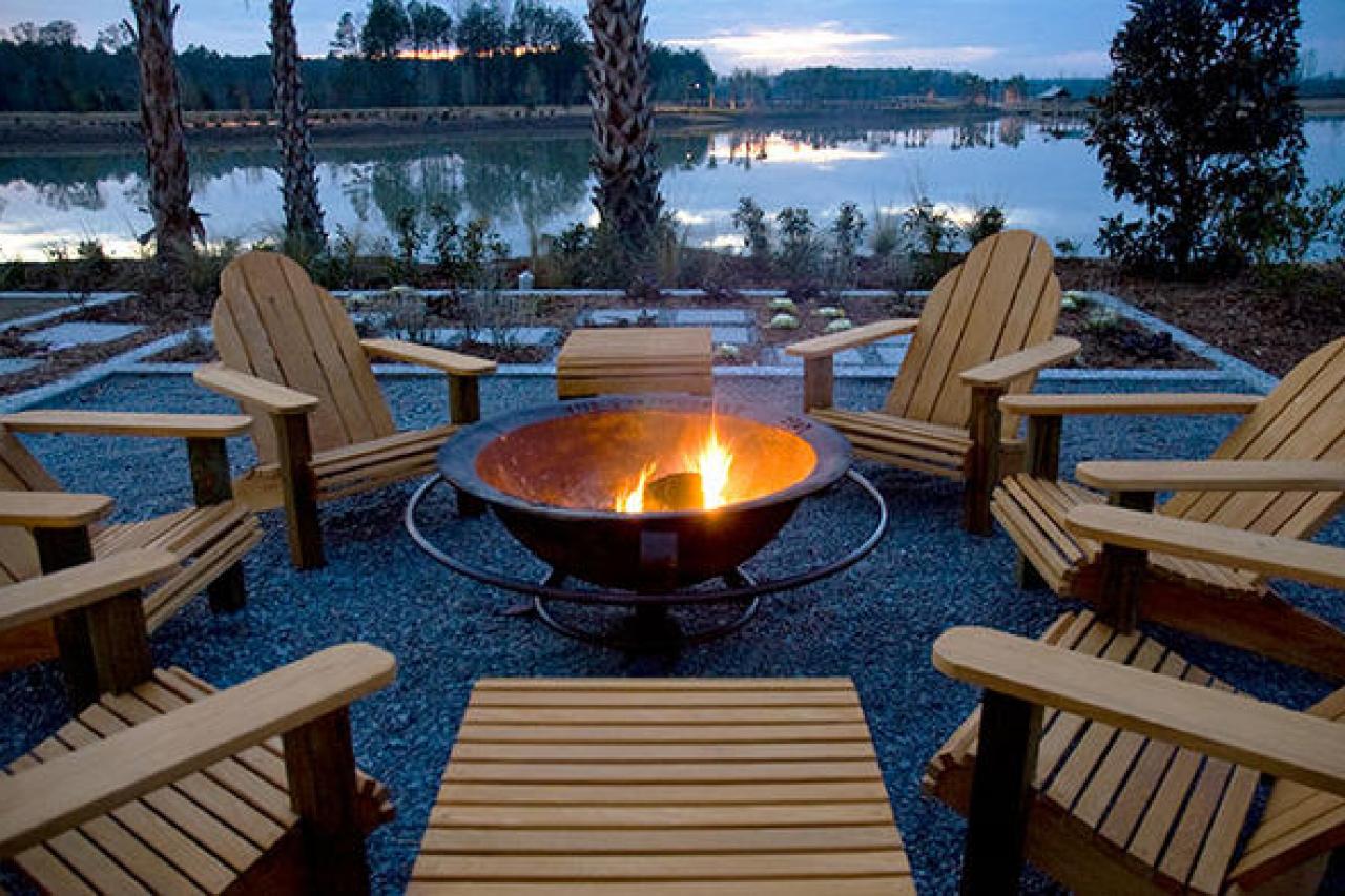 fire pit and adirondack chairs