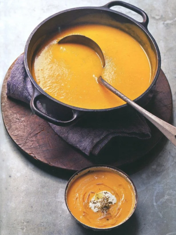Flavored with leek, carrots, rosemary and thyme, this butternut squash and saffron soup is gardnished with za'atar seasoning and Greek yogurt.&nbsp;
