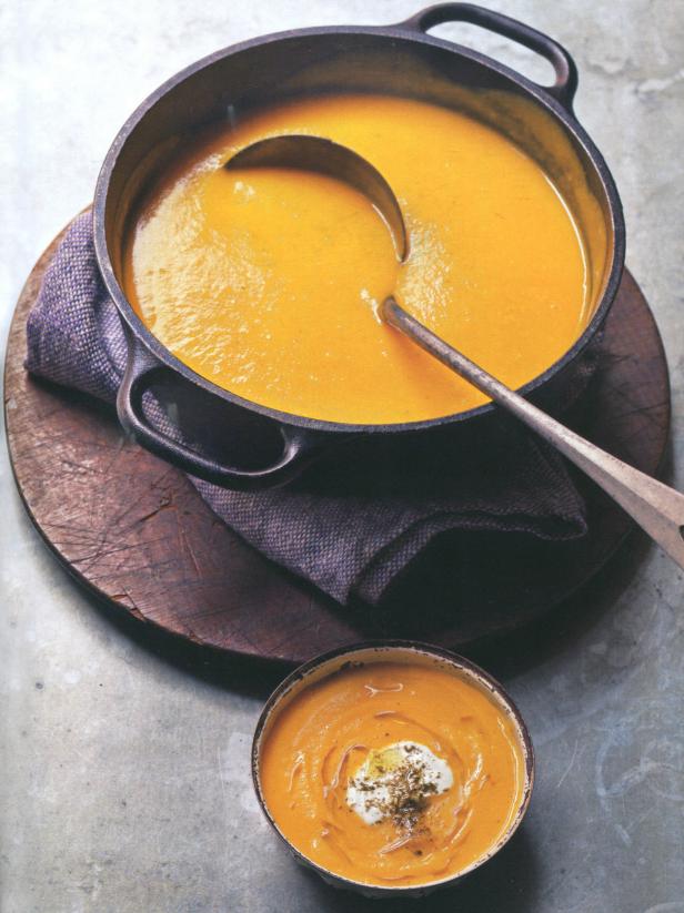 Flavored with leek, carrots, rosemary and thyme, this butternut squash and saffron soup is gardnished with za'atar seasoning and Greek yogurt.&nbsp;