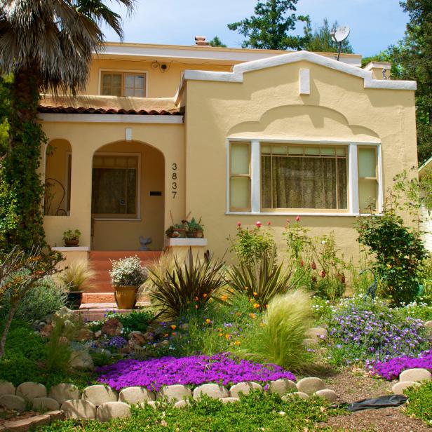 Kimberly Lacy, host of HGTV's "Curb Appeal: The Block," adds a splash of purple to highlight this affordable front yard garden in the San Francisco Bay area.