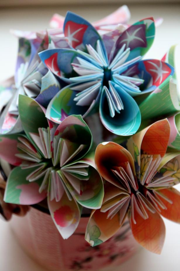 Colorful homemade origami paper flower, DIY floral paper craft