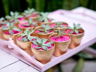 The bride's sisters spray-painted mini terra cotta pots in a shiny gold color and planted succulents as a party favor. Hot pink aquarium rocks added a pop of color.