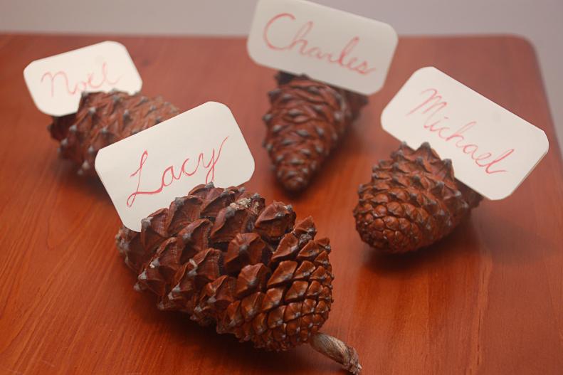 For a quick but lovely place card holder, use pinecones to hold your guest's name in place. An elegant script creates an engaging contrast against the roughness of the cone and helps to make a simple project look more sophisticated.
