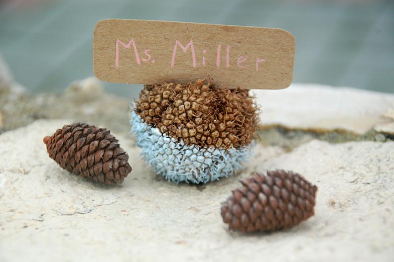 Nuts aren't the only objects you can dip for beautiful name holders. Try using sycamore, chestnut or sweetgum balls instead. Dip one half in paint and let dry. Depending on the items you are using you can either cut a place for the name cards, or just slide them into natural crevices.