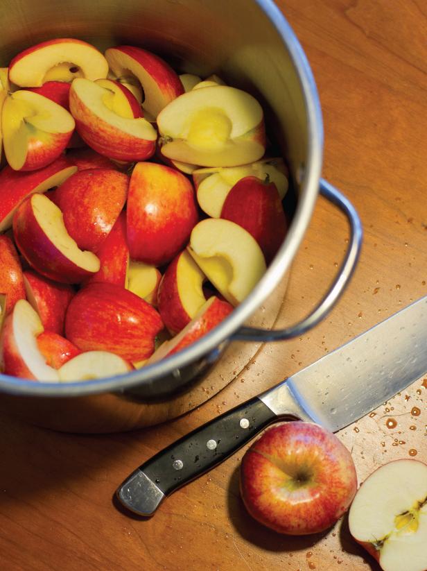 You will need: 6 lbs of cooking apples (about 18-20 depending on size) 8 cups apple juice zest and juice of a lemon 1 cup sugar 1/4 cup packed brown sugar 1 1/2 tablespoons molasses 1 1/2 teaspoons cinnamon 3/4 teaspoons ground cloves 1/4 teaspoon ground allspice Wash, stem, quarter and core all of the apples leaving the skin intact. Place apples in a heavy pot with apple juice. Bring to a boil and then reduce to simmer. Cook, covered, until soft (about an hour).