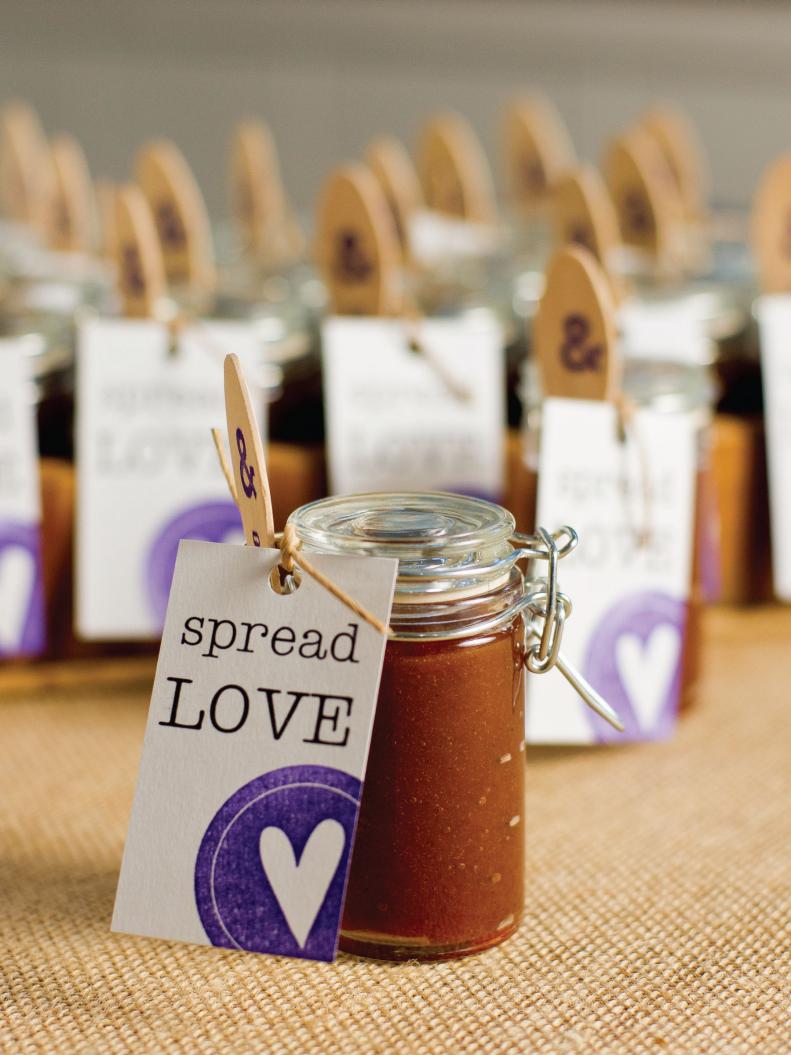 This sweet little favor of homemade apple butter is sure to please your wedding guests. Each batch makes 18 small jars.