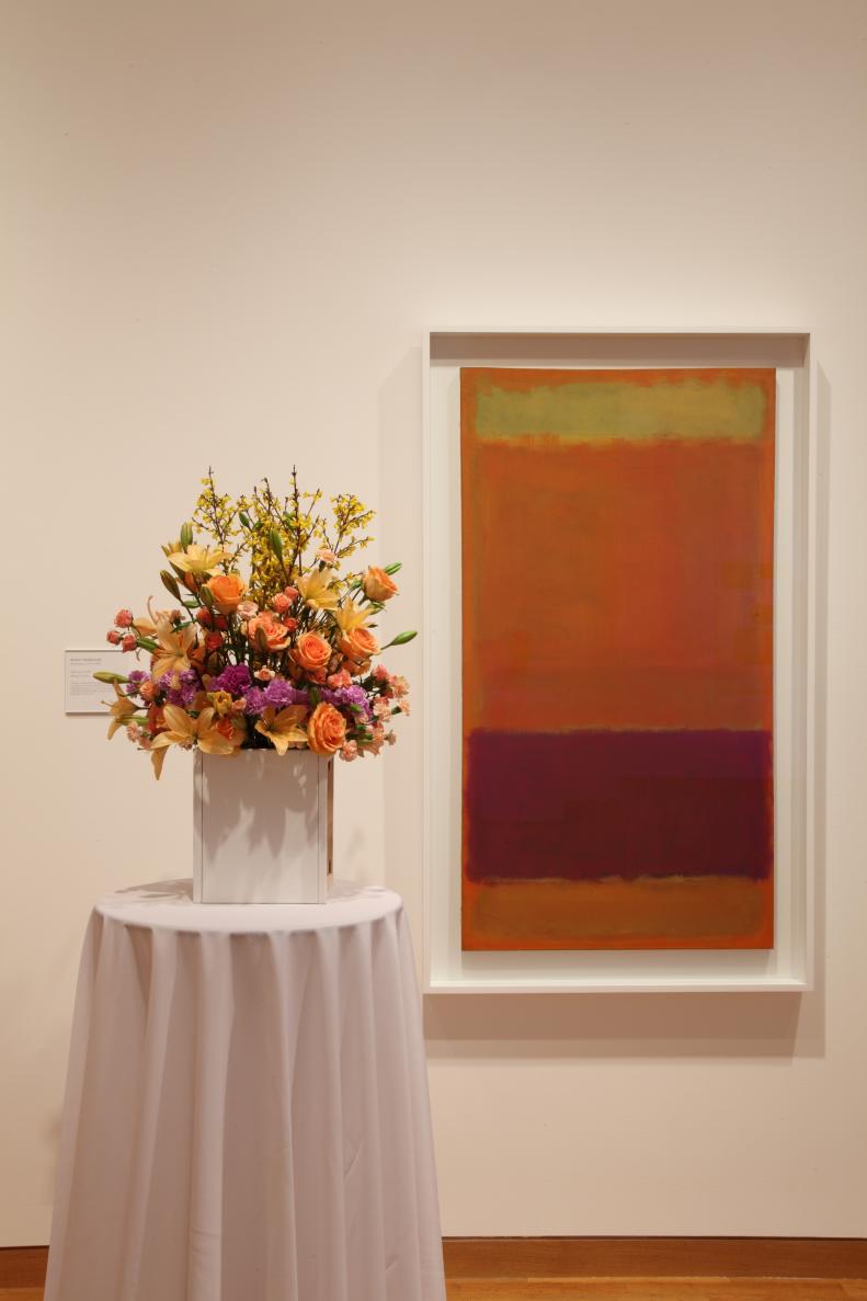 Mark Rothko's 1952 painting, <i>#73</i>, inspired <a target="_self" href="http://www.jillsiegeldesigns.com/">Jill Helmer</a> to color block his floral arrangement to go along with Rothko's art work. The arrangement includes <a target="_self" href="/plant-finder/?pq=rose&amp;minheight=0&amp;maxheight=#">roses</a>, cinnamon spray roses, “Ilse” carnations, miniature carnations, <a target="_self" href="/plant-finder/?pq=carnation&amp;zone=no_zone&amp;minheight=0&amp;maxheight=#">lilies</a>, and forsythia.