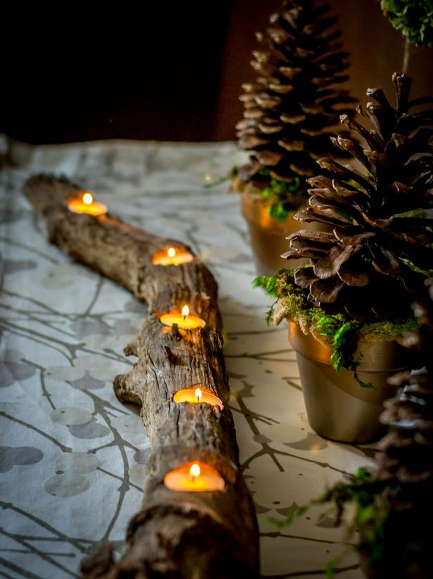 Branch with Tealights and Potted Pinecones