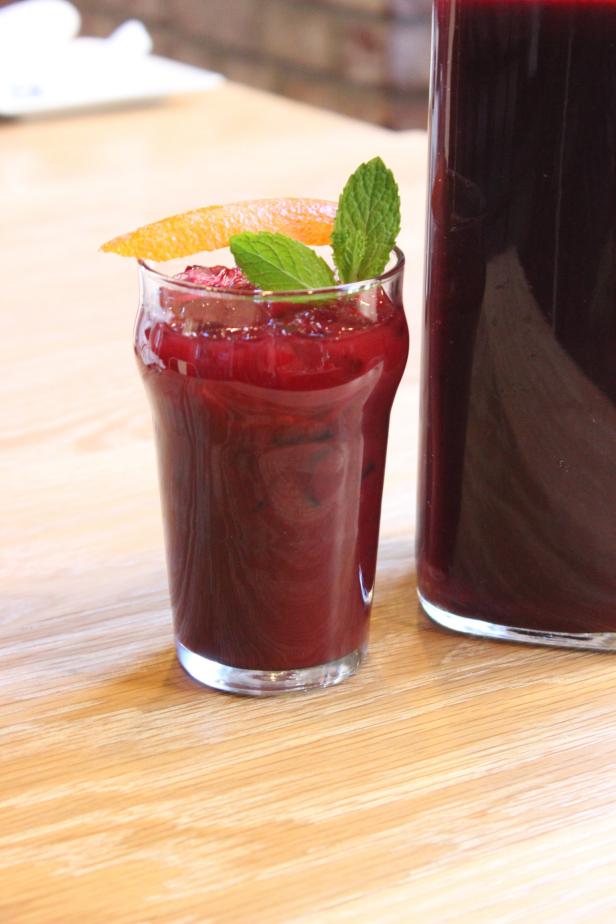 Named for the blackberry brambles that poke and stick, Pitchfork Punch is full of bourbon, blackberries and tea scented with a fresh mint syrup.