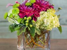 Pink Dahlia and Green Mum Arrangement in Glass Vase