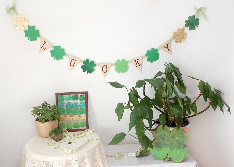 Celebrate this St. Patty's Day with do-it-yourself decor inspired by the ever-lucky clover. This gallery will give you instructions on creating a framed clover centerpiece, a lucky banner and an ombre clover for your front door.