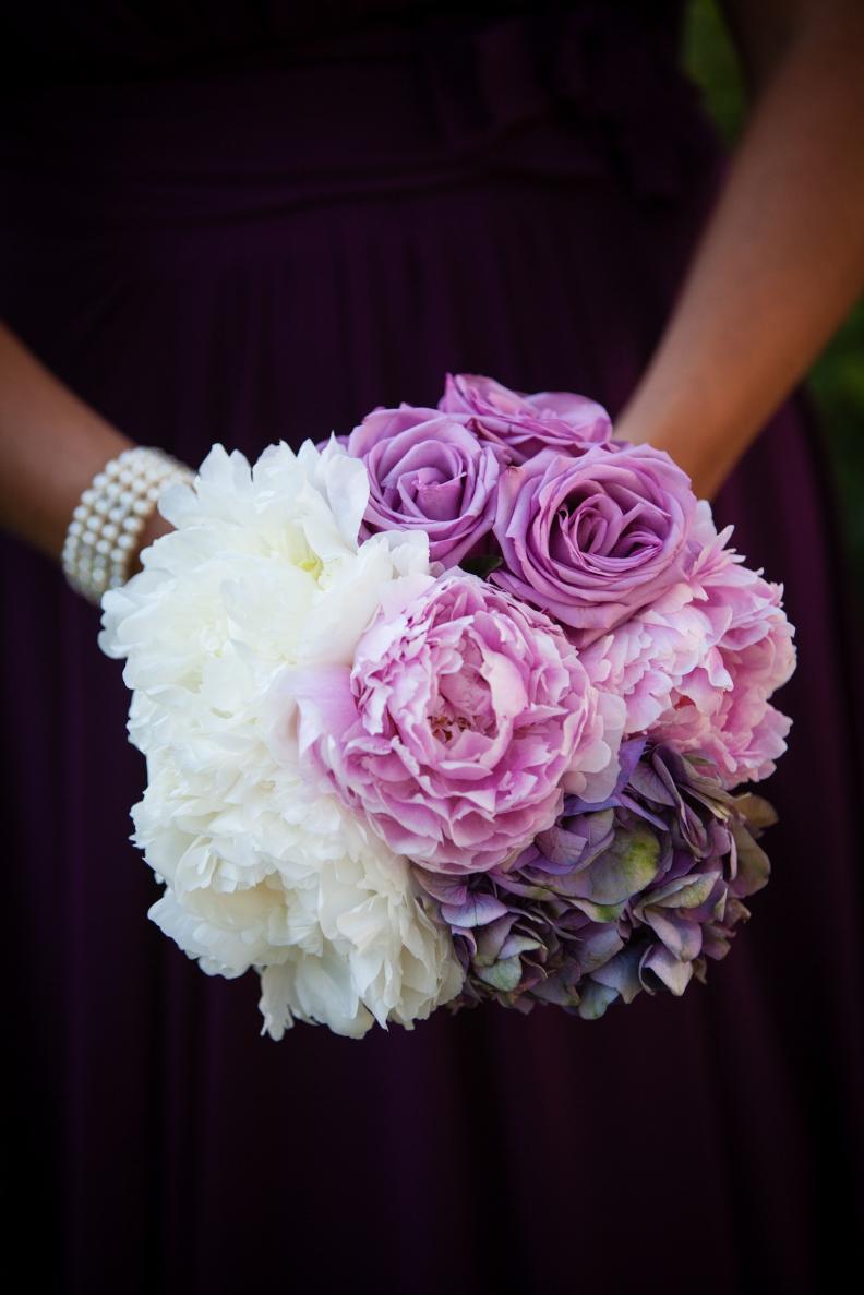 This bridesmaid bouquet, created by <a href="http://www.marksgarden.com/index.html" target="_self">Mark's Garden</a> in Sherman Oaks, California, is full of white and pink peonies, lavender garden roses and hydrangeas.
