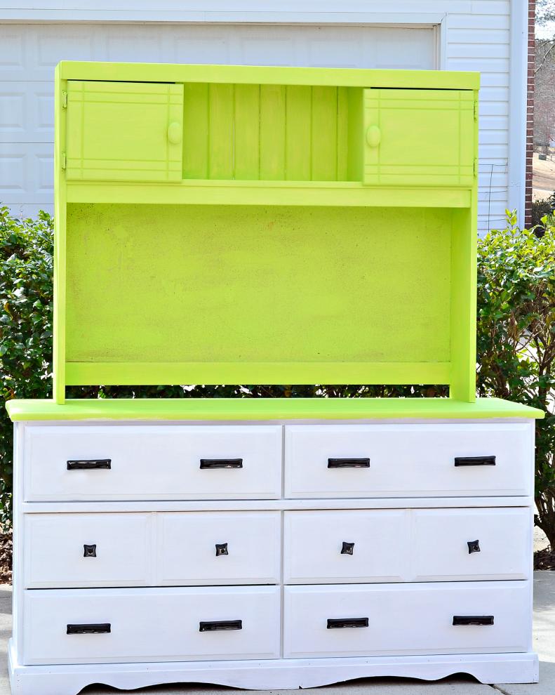 When looking for a dresser to repurpose find a sturdy piece that will stand up to wear and tear and the elements.&nbsp; To comfortably use it as a potting bench you will want it to be waist high and have drawers and shelves to store supplies.&nbsp; I found this piece at a local store and it was already painted in great &quot;garden colors.&quot;