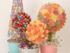 This Easter turn your favorite Easter candies into cute topiaries. With just a few simple Styrofoam shapes and some homemade icing you can make these charming, edible centerpieces.