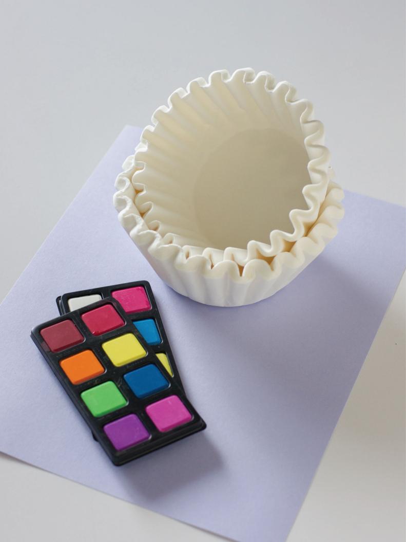 You will need: Basket shaped coffee filters/  Cone shaped coffee filters/  Water colors/  Water
