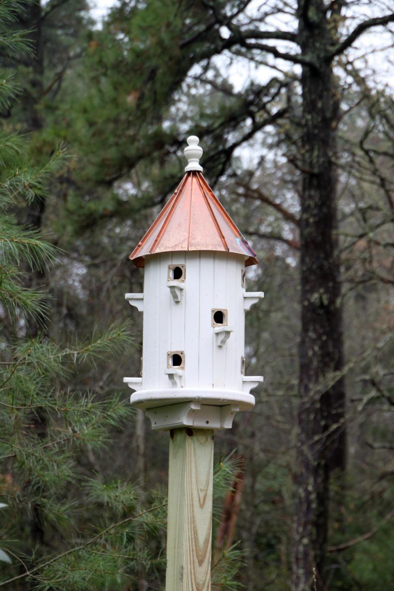 There are many birdhouses specifically designed to attract certain breeds of backyard birds. Birds use birdhouses to raise their young and seek cover in ill weather. This house is designed for purple martins. When shopping for birdhouses, be sure there is an easy access door for cleaning each spring.