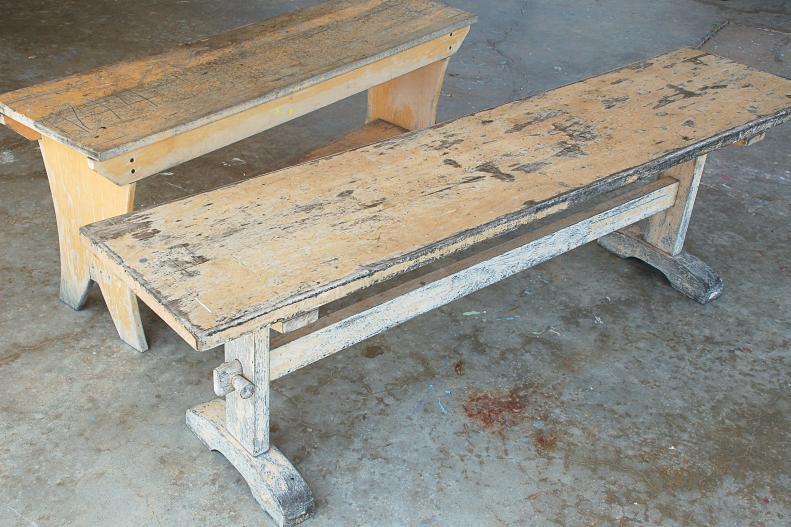 You may have some old benches or other furniture laying around that you want to repaint for use outdoors, or you may want to buy something to use. Either way, be sure your piece of furniture is sturdy. If a bench is falling apart at the seams, a new coat of paint won't help, but as long as the furniture is structurally sound you can turn even the most worn out pieces into something beautiful.