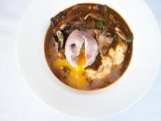 A red wine-poached egg tops Charleston chef John Ondo's Monk's Bowl, full of mushrooms grown at nearby Mepkin Abbey.