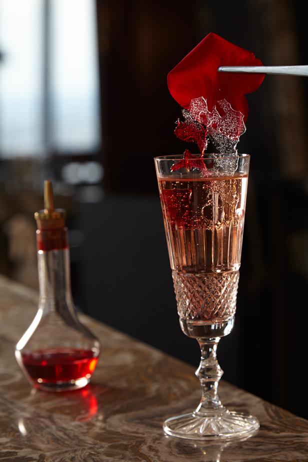 The rose-infused Bermondsey Bubbles cocktail featured at the Gong cocktail lounge at the Shangri-La Hotel at the Shard is served at London's highest cocktail bar on the 52nd floor.