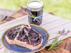 Jar of Blueberry Lavender Jam and Jam on Toast on Plate 