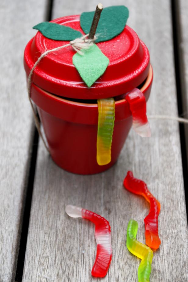 Fill the apple with gummy worms secured inside the apple in a plastic bag for a fun teacher treat or simply add some tiny school supplies for the teacher like paperclips, chalk, or even erasers. Your teacher will love using this apple everyday!