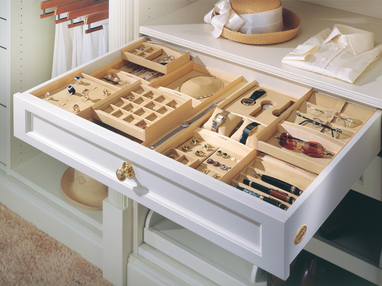 organized jewelry drawer in walk in closet