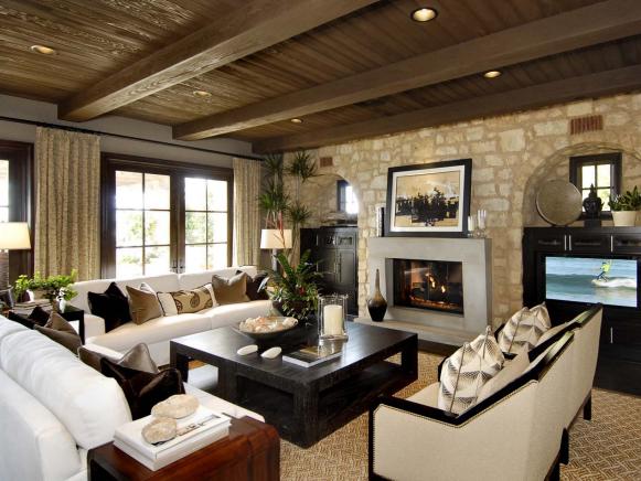 Neutral Contemporary Living Room With Concrete Fireplace & Stone Wall
