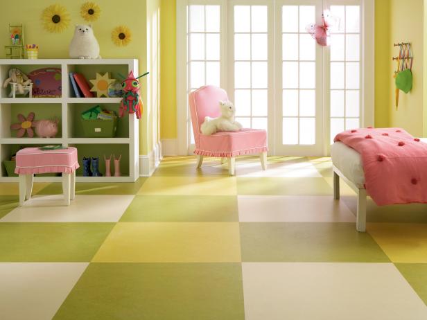 Girl's Bedroom With Green and White Large-Scale Floor Tile