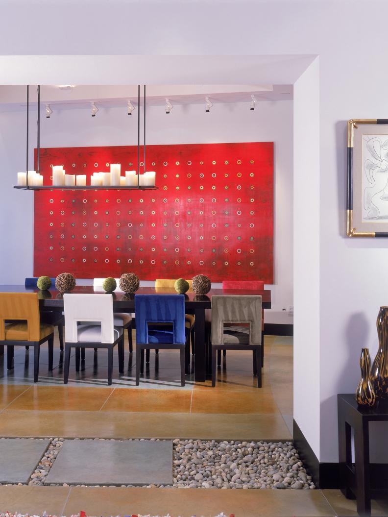 Asian-Contemporary Dining Room With Tile and Gravel Threshold