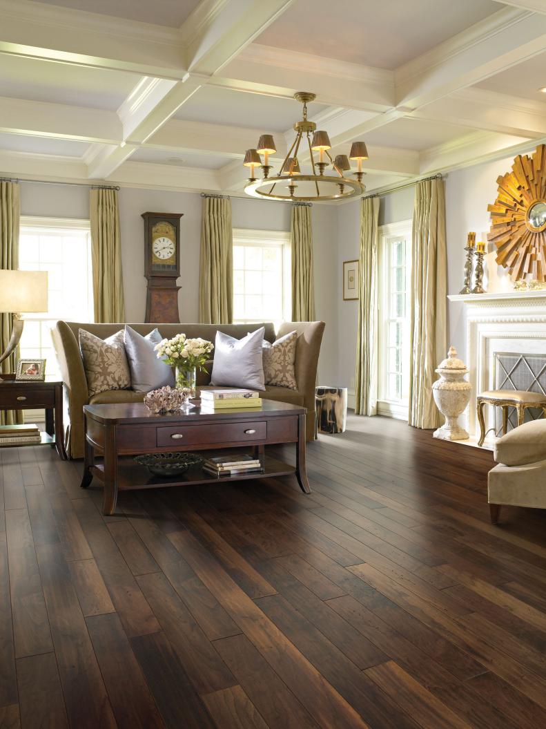 Living Room With Dark-Stained Hardwood Floors 