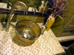 Vessel Sink Sits on Mosaic Tiled Countertop
