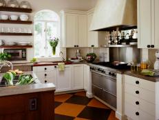 Neutral Kitchen with Dark and Light Brown Tiles.