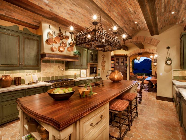 Italian-Style Kitchen With Arched Brick Ceiling