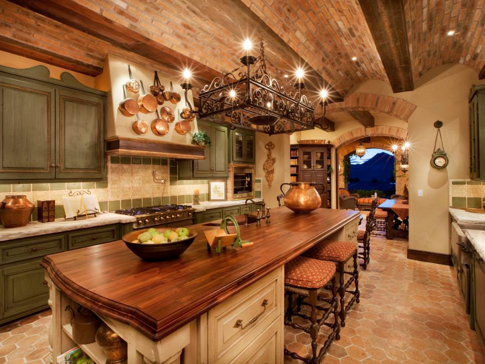 Tuscan Kitchen With Arched Brick Ceiling