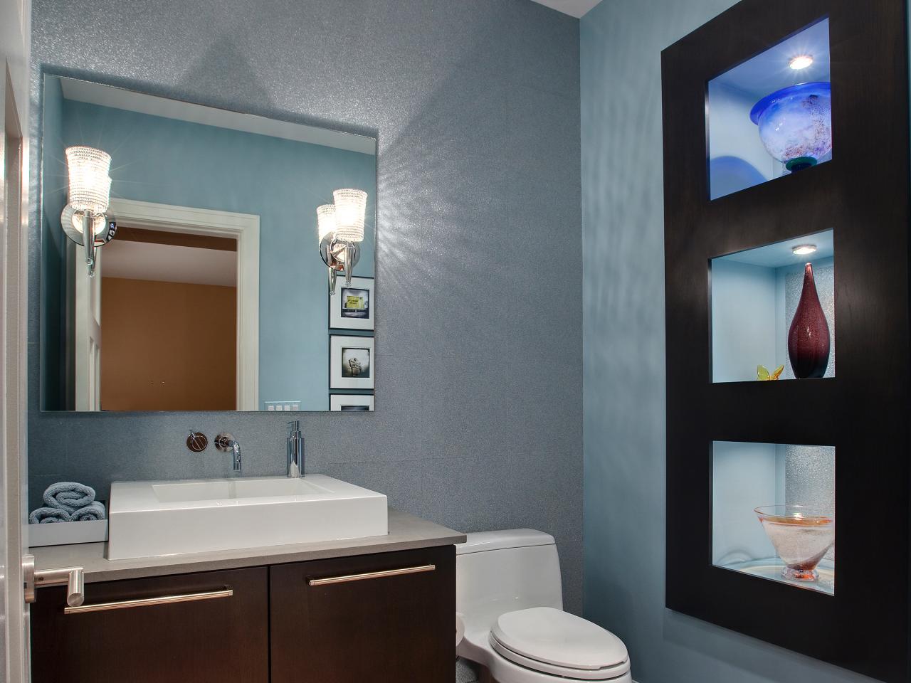 Black Powder Room with Brass Pendant Lights - Contemporary