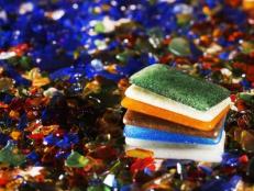 Chunks of glass and assorted recycled glass tiles