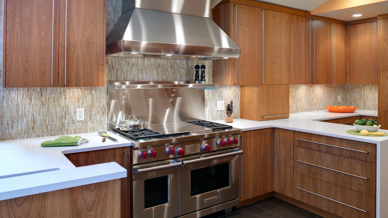 Modern domestic kitchen design with wood cabinet, stainless steel