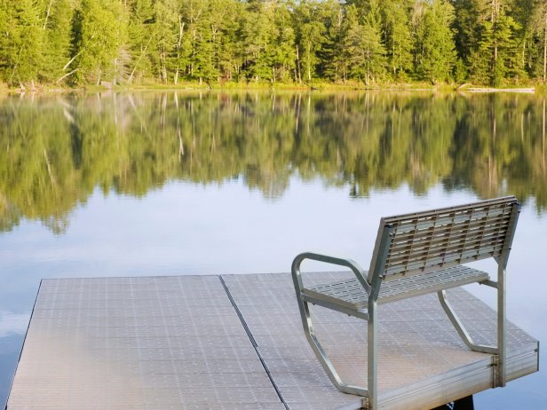 Aluminum lakeside deck at sunrise. 