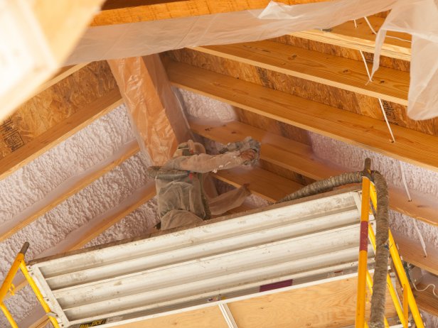 The crews installing the spray foam insullation on the ceiling  during the building of  HGTV Dream Home 2013 in Kiawah Island, SC